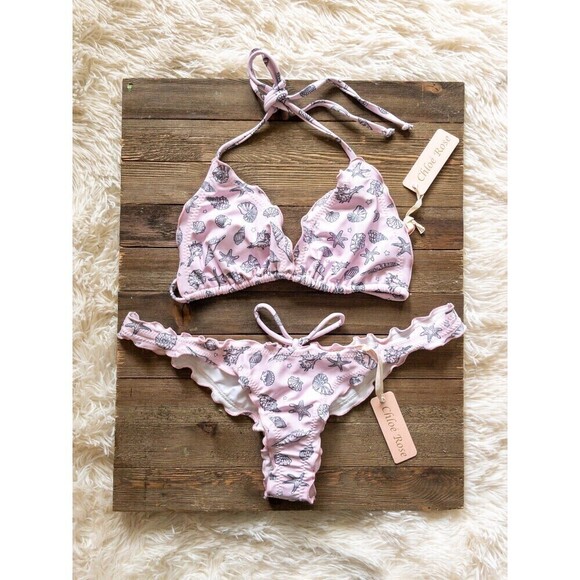 Chloe Rose NWT Pink Seashell Daisy 2 Piece Bikini Swimsuit Size Large - Picture 3 of 10